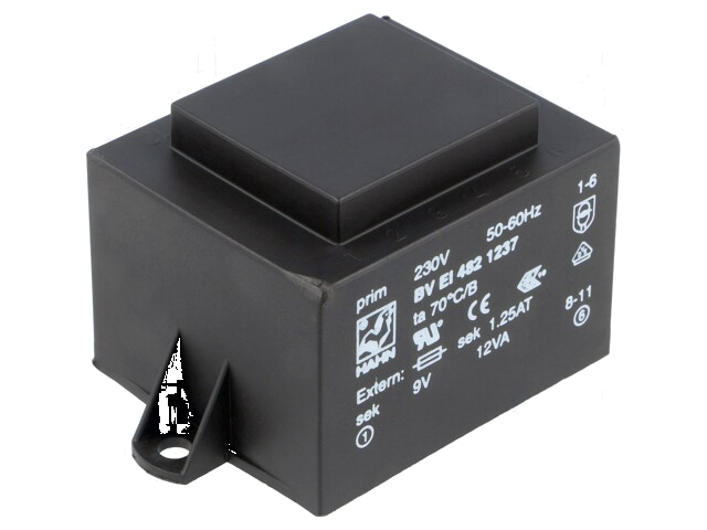 Transformator: ingegoten; 12VA; 230VAC; 9V; 1333mA; PCB; BVEI Transformator: ingegoten; 12VA; 230VAC; 9V; 1333mA; PCB; BVEI